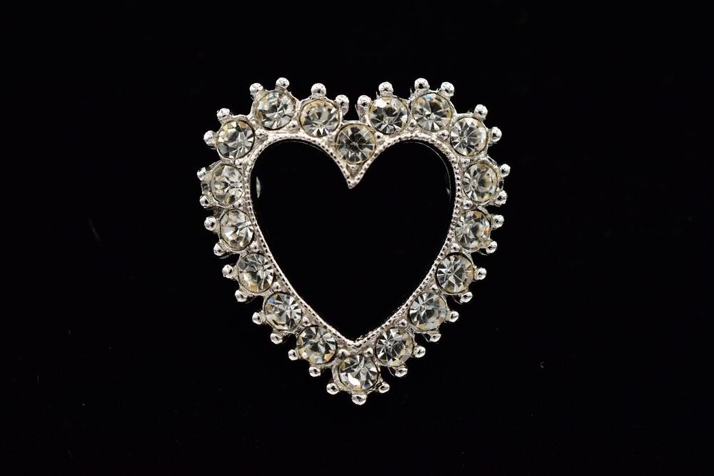 Bogoff Vintage Rhinestone Crystal Open Heart Brooch Pin Silver Signed 60s BinBI